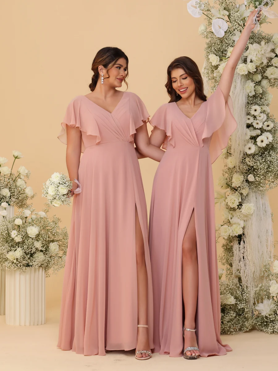 A-Line/Princess V-Neck Short Sleeves Floor-Length Ruched Bridesmaid Dresses With Side Slit - Image 4
