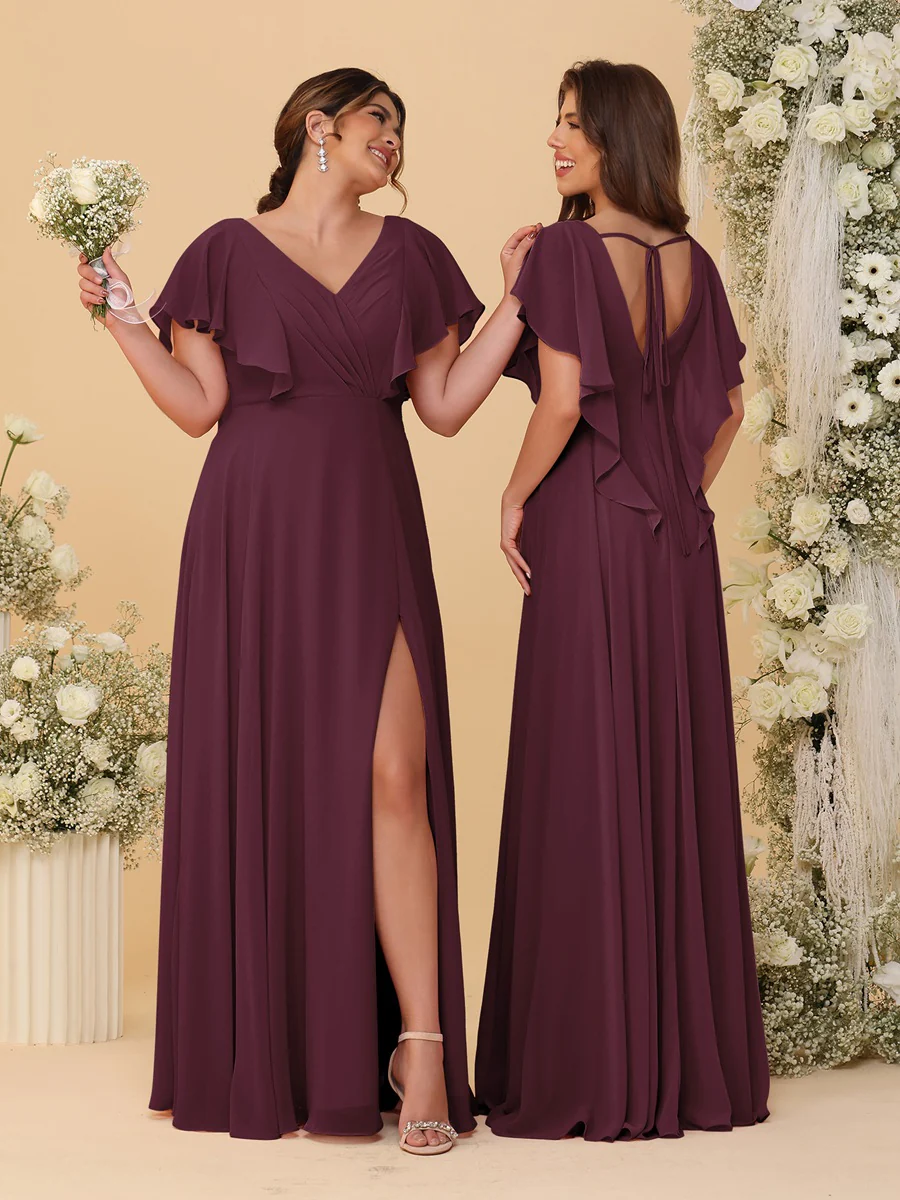 A-Line/Princess V-Neck Short Sleeves Floor-Length Ruched Bridesmaid Dresses With Side Slit - Image 45