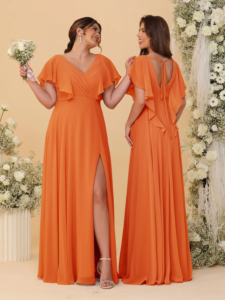 A-Line/Princess V-Neck Short Sleeves Floor-Length Ruched Bridesmaid Dresses With Side Slit - Image 74