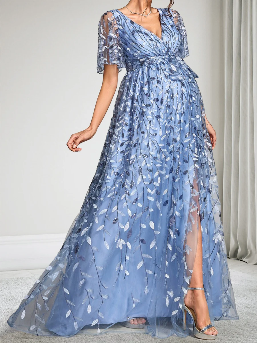 A-Line/Princess V-Neck Short Sleeves Lace Floor-Length Baby Shower Wedding Guest Dresses with Side Slit & Sequins - Image 4