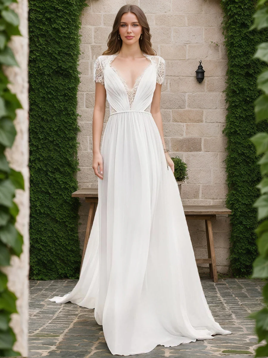 A-Line/Princess V-Neck Short Sleeves Lace Wedding Dresses
