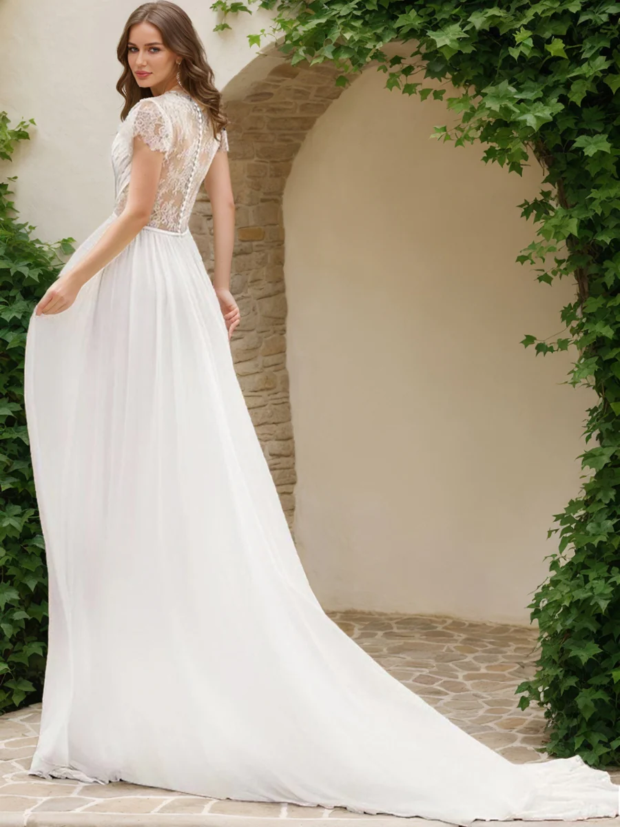 A-Line/Princess V-Neck Short Sleeves Lace Wedding Dresses - Image 2