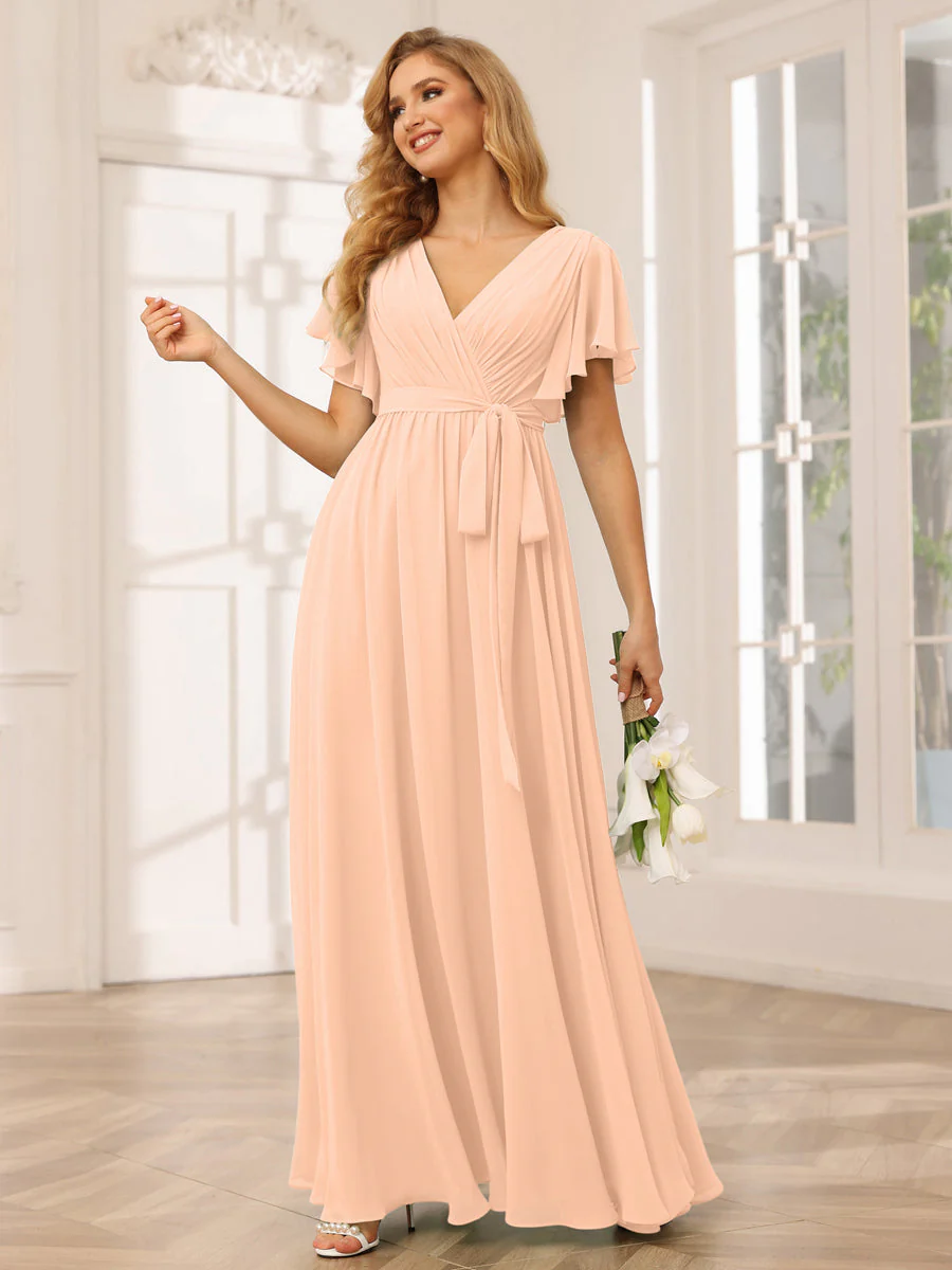 A-Line/Princess V-Neck Short Sleeves Long Bridesmaid Dresses with Sash - Image 30
