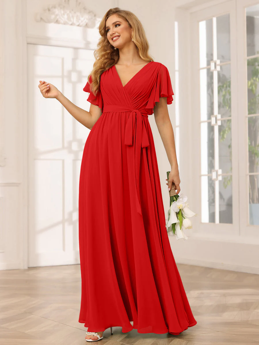A-Line/Princess V-Neck Short Sleeves Long Bridesmaid Dresses with Sash - Image 37