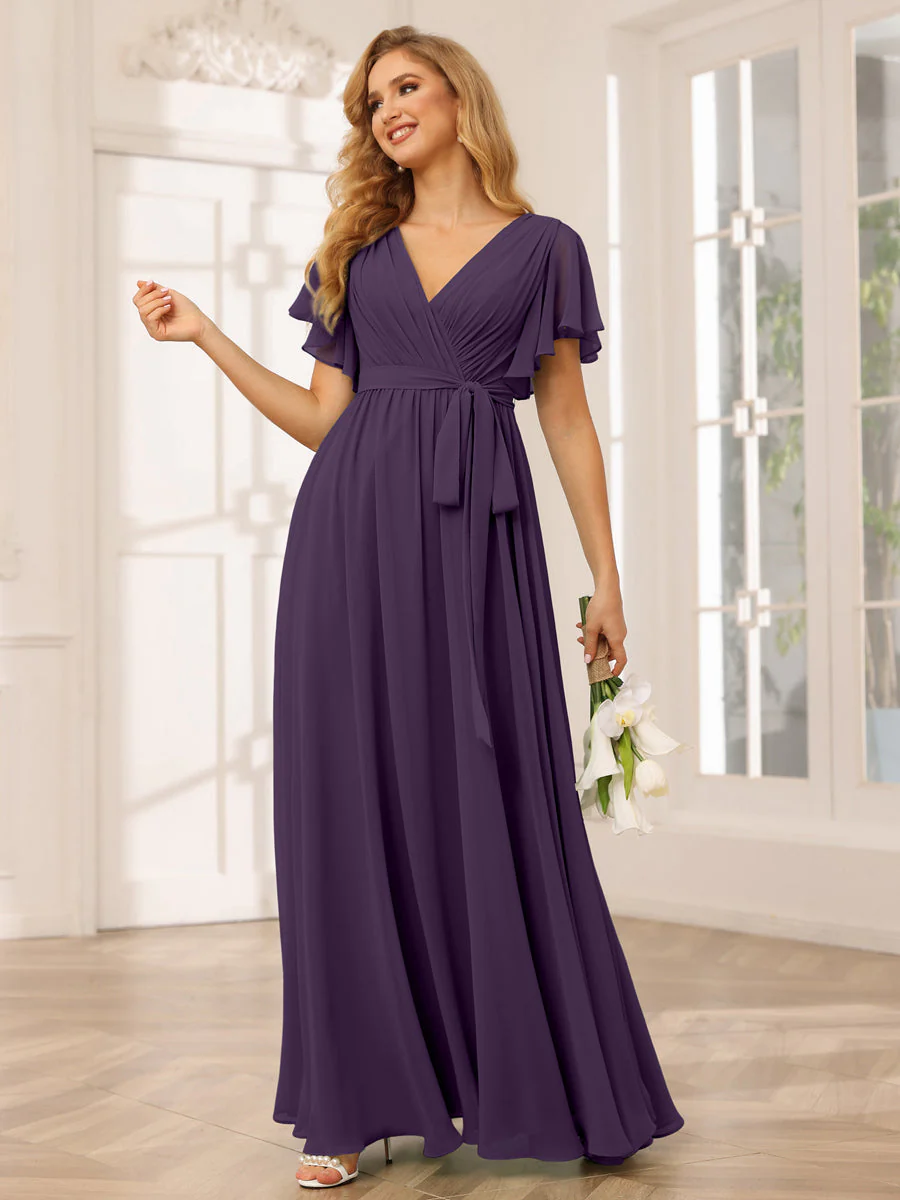 A-Line/Princess V-Neck Short Sleeves Long Bridesmaid Dresses with Sash - Image 46