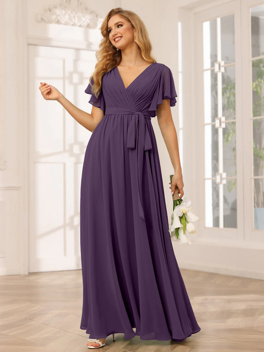 A-Line/Princess V-Neck Short Sleeves Long Bridesmaid Dresses with Sash - Image 47
