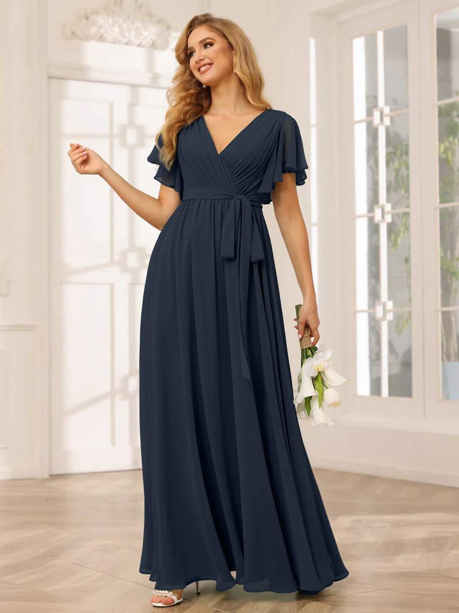 A-Line/Princess V-Neck Short Sleeves Long Bridesmaid Dresses with Sash - Image 60
