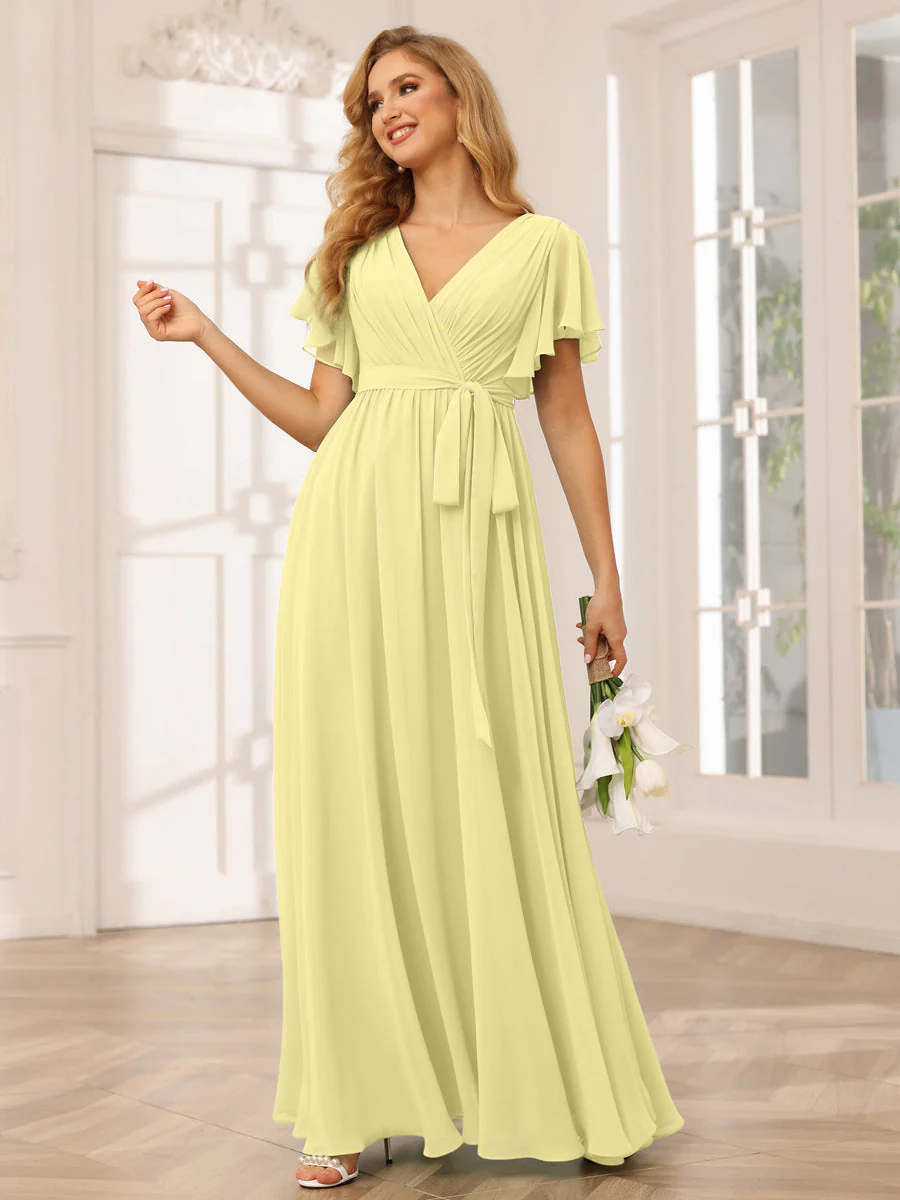 A-Line/Princess V-Neck Short Sleeves Long Bridesmaid Dresses with Sash - Image 70
