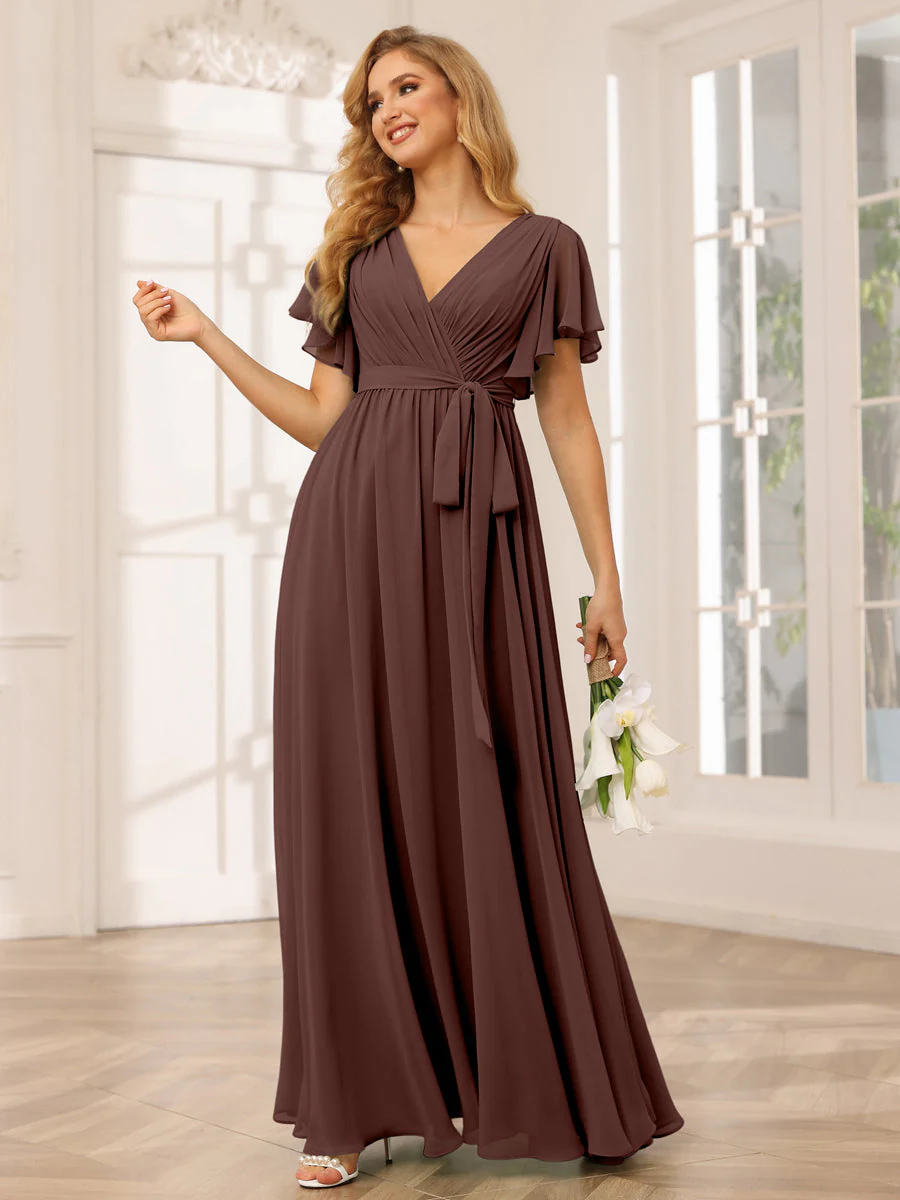 A-Line/Princess V-Neck Short Sleeves Long Bridesmaid Dresses with Sash - Image 77