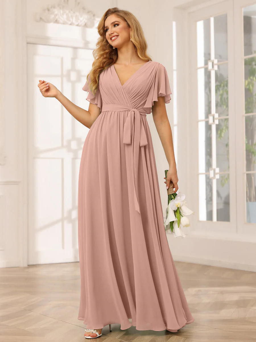 A-Line/Princess V-Neck Short Sleeves Long Bridesmaid Dresses with Sash - Image 8