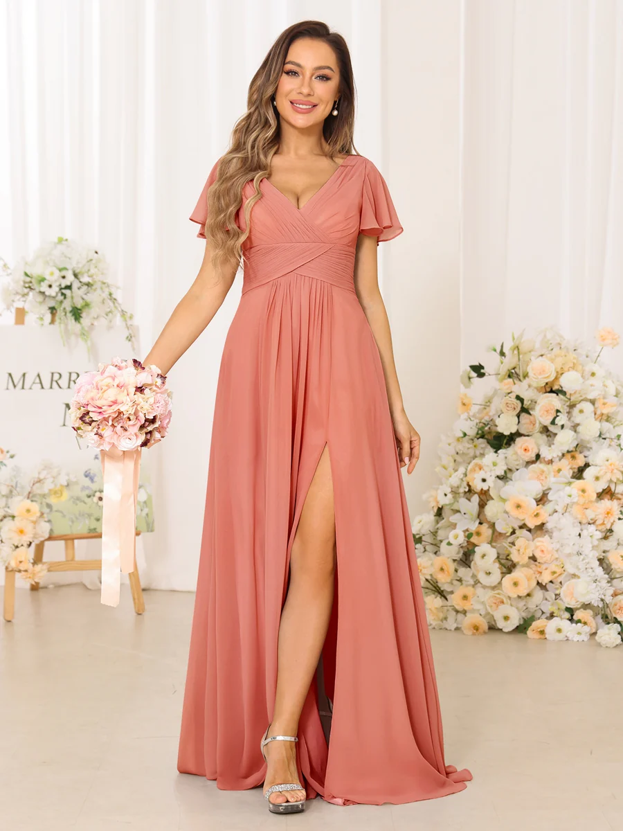 A-Line/Princess V-Neck Short Sleeves Long Bridesmaid Dresses with Split Side - Image 17