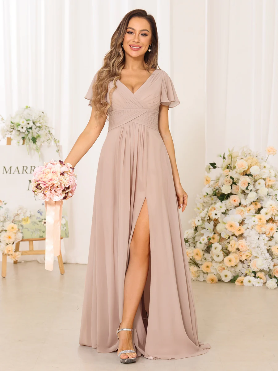 A-Line/Princess V-Neck Short Sleeves Long Bridesmaid Dresses with Split Side - Image 30