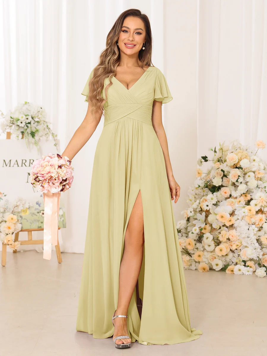A-Line/Princess V-Neck Short Sleeves Long Bridesmaid Dresses with Split Side - Image 68