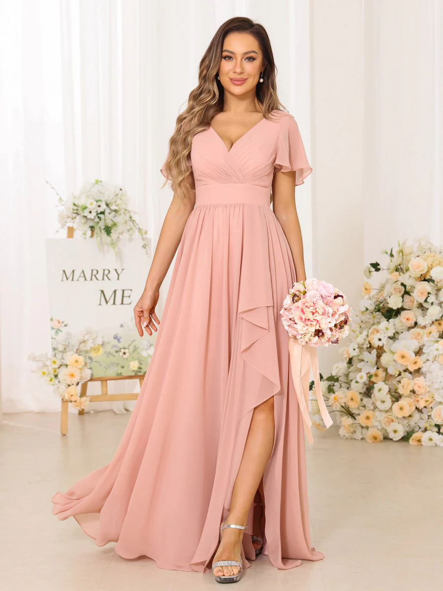 A-Line/Princess V-Neck Short Sleeves Long Bridesmaid Dresses With Split Side - Image 6