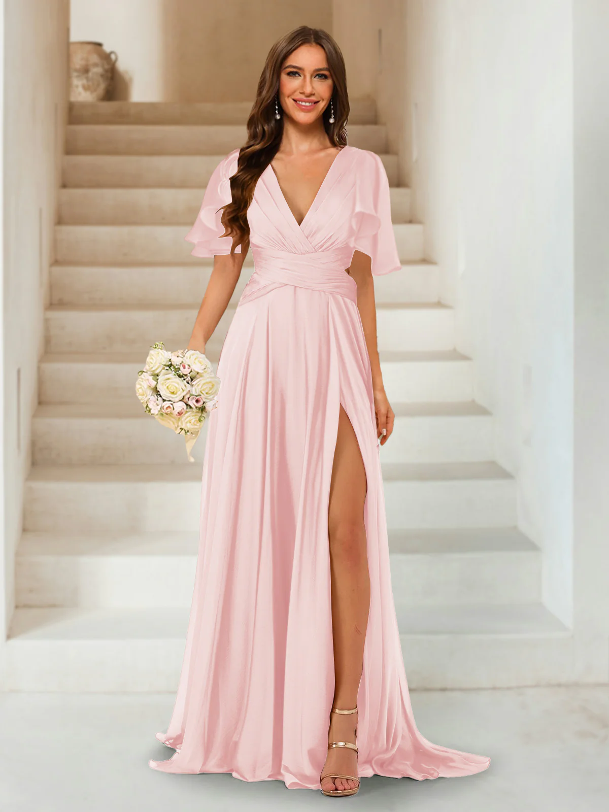 A-Line/Princess V-Neck Short Sleeves Long Bridesmaid Dresses with Split Side - Image 29