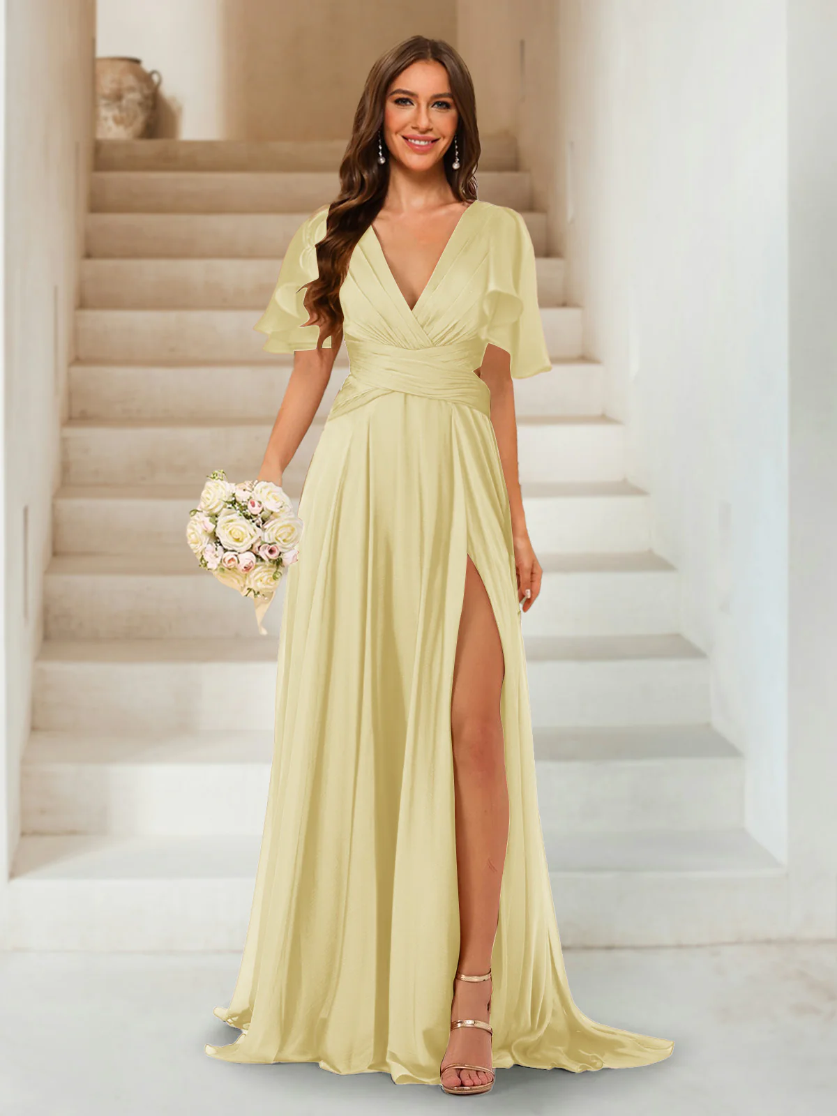A-Line/Princess V-Neck Short Sleeves Long Bridesmaid Dresses with Split Side - Image 52