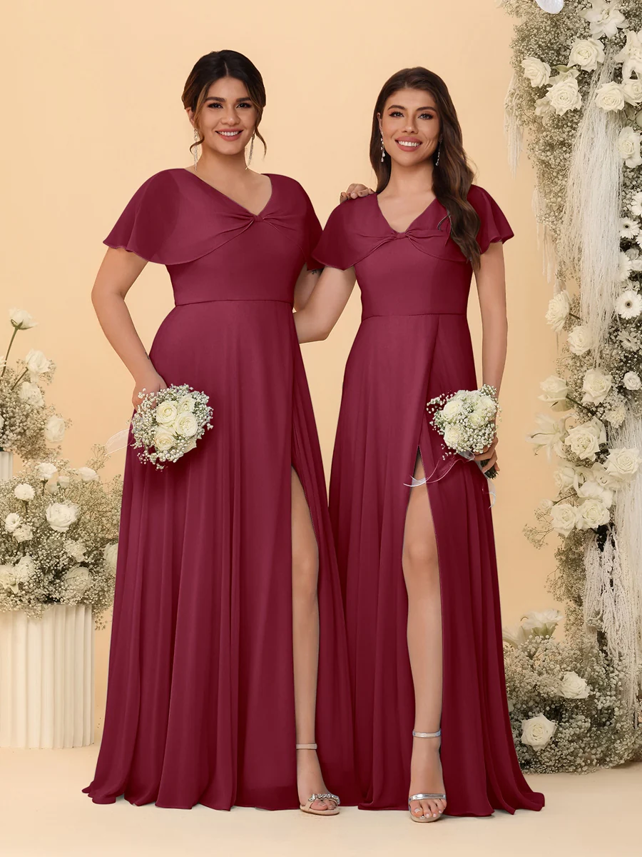 A-Line/Princess V-Neck Short Sleeves Long Chiffon Bridesmaid Dresses With Side Slit - Image 35