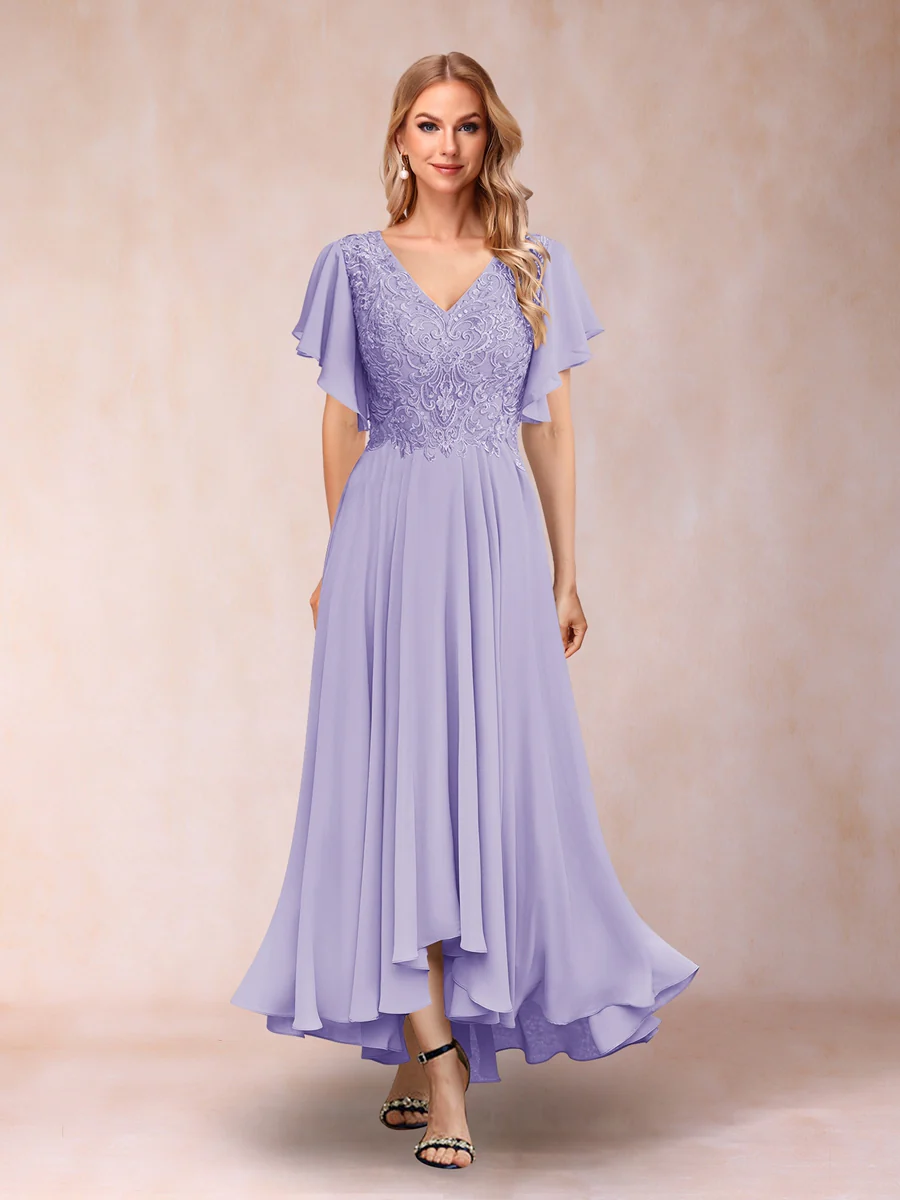 A-Line/Princess V-Neck Short Sleeves Long Evening Dresses with Appliques - Image 10