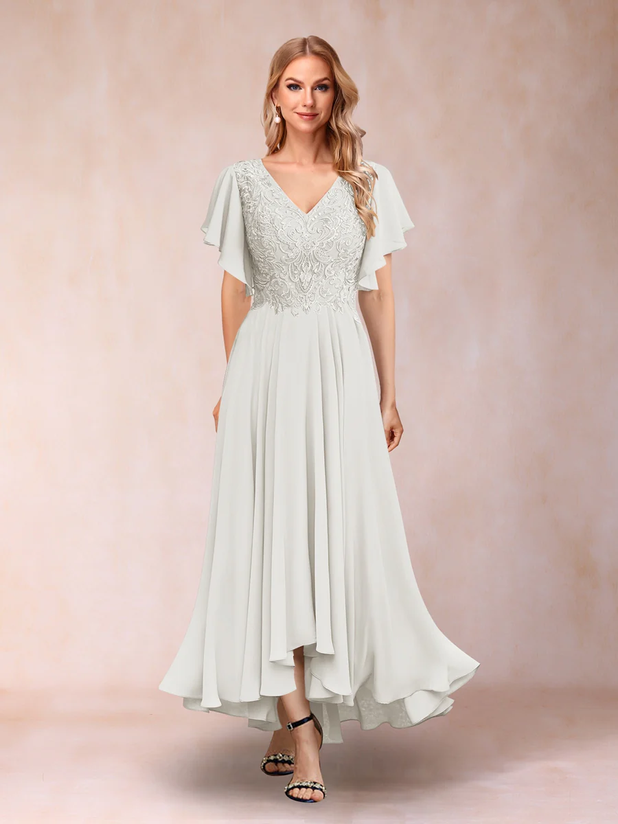 A-Line/Princess V-Neck Short Sleeves Long Evening Dresses with Appliques - Image 17