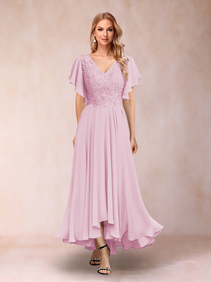 A-Line/Princess V-Neck Short Sleeves Long Evening Dresses with Appliques - Image 21