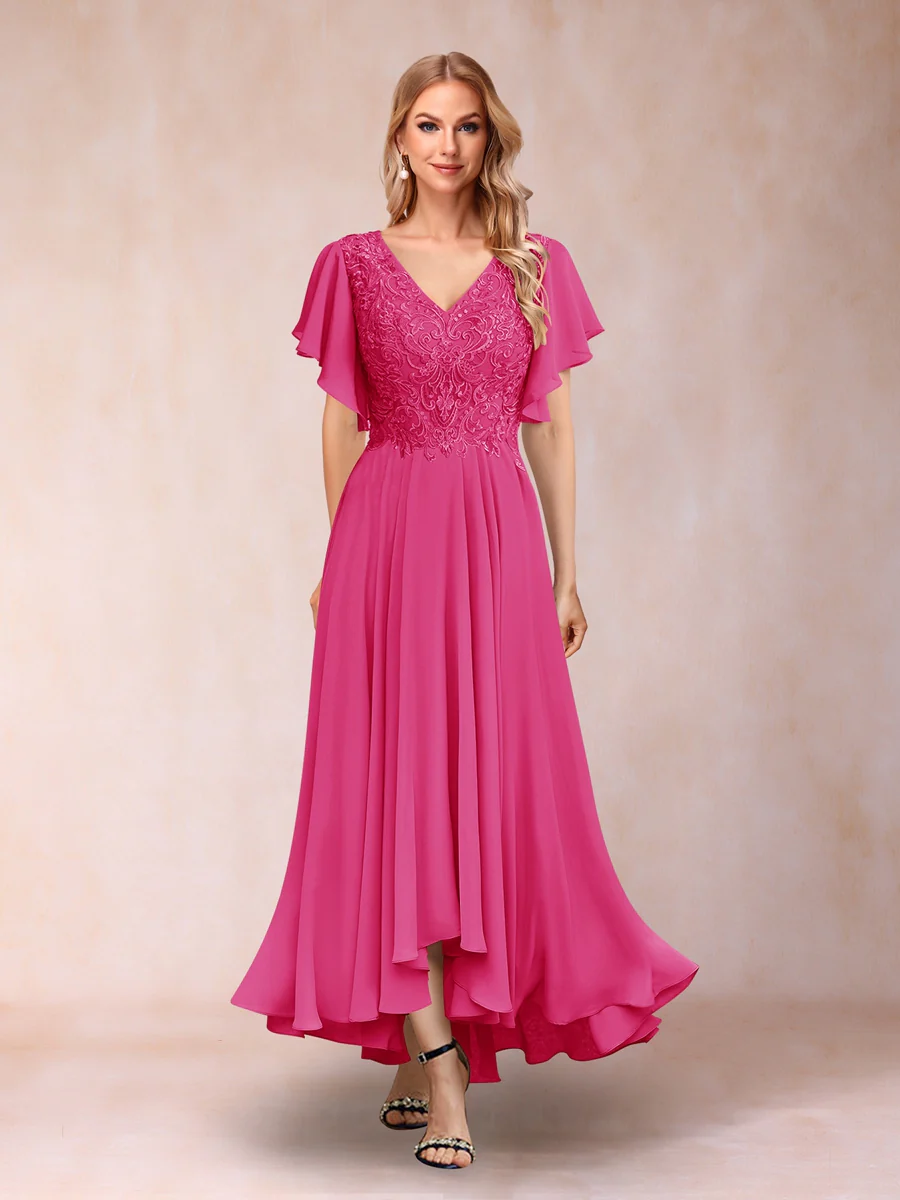 A-Line/Princess V-Neck Short Sleeves Long Evening Dresses with Appliques - Image 29