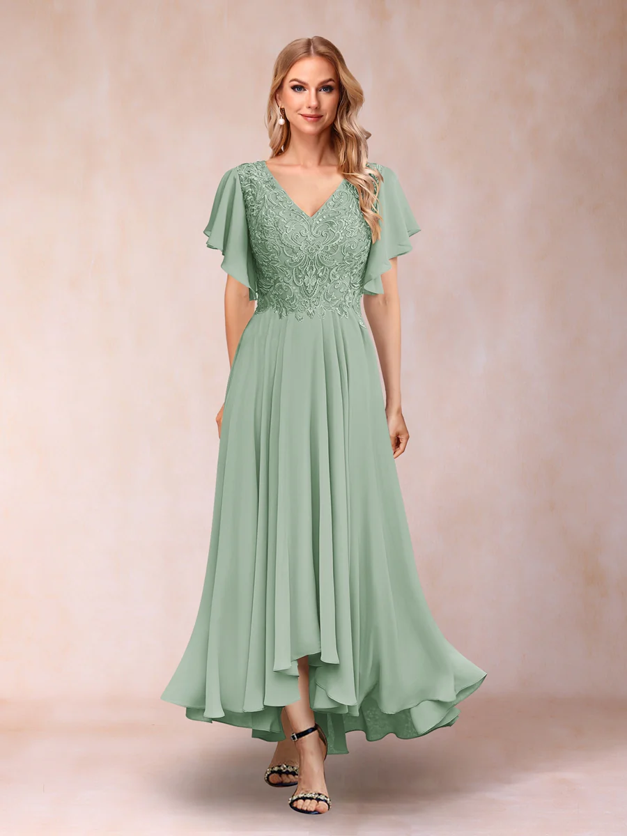 A-Line/Princess V-Neck Short Sleeves Long Evening Dresses with Appliques - Image 4