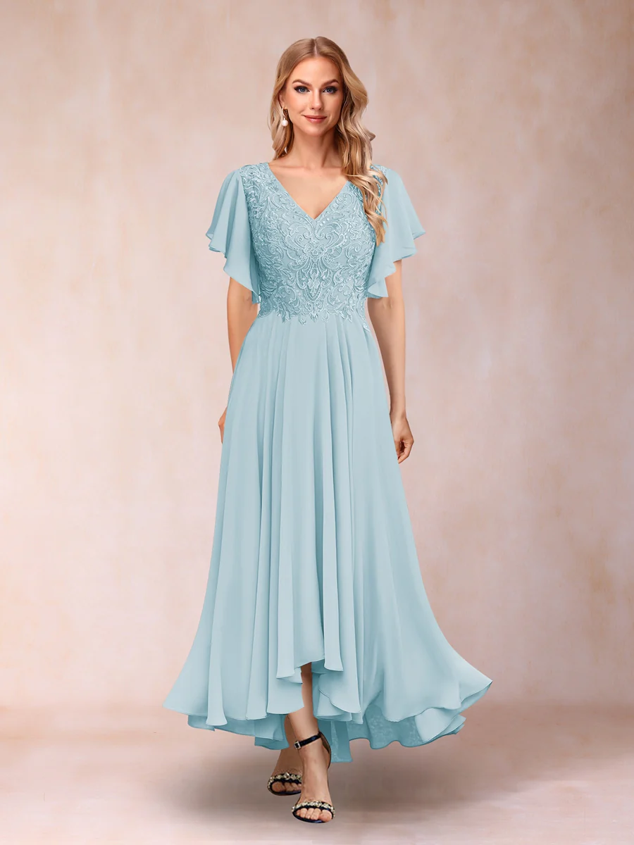 A-Line/Princess V-Neck Short Sleeves Long Evening Dresses with Appliques - Image 43