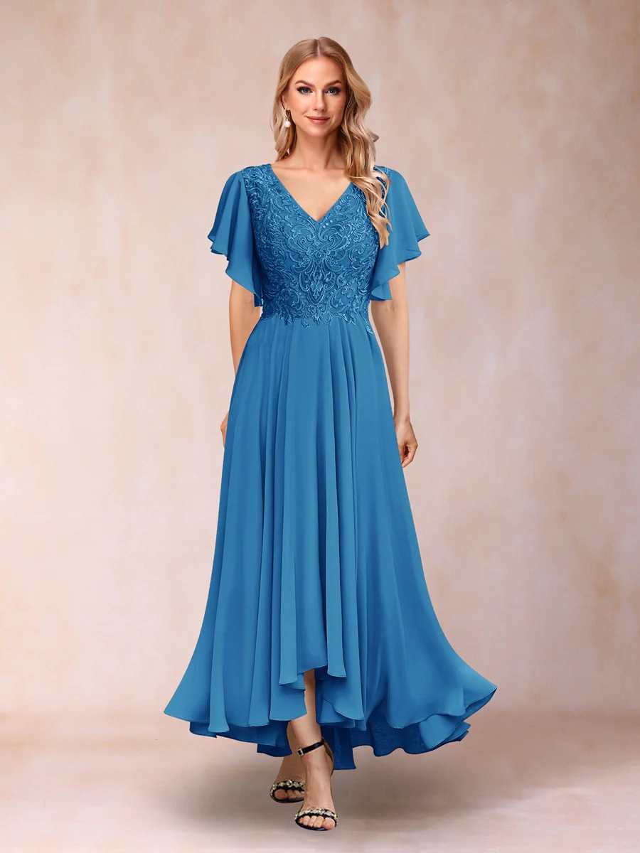 A-Line/Princess V-Neck Short Sleeves Long Evening Dresses with Appliques - Image 49