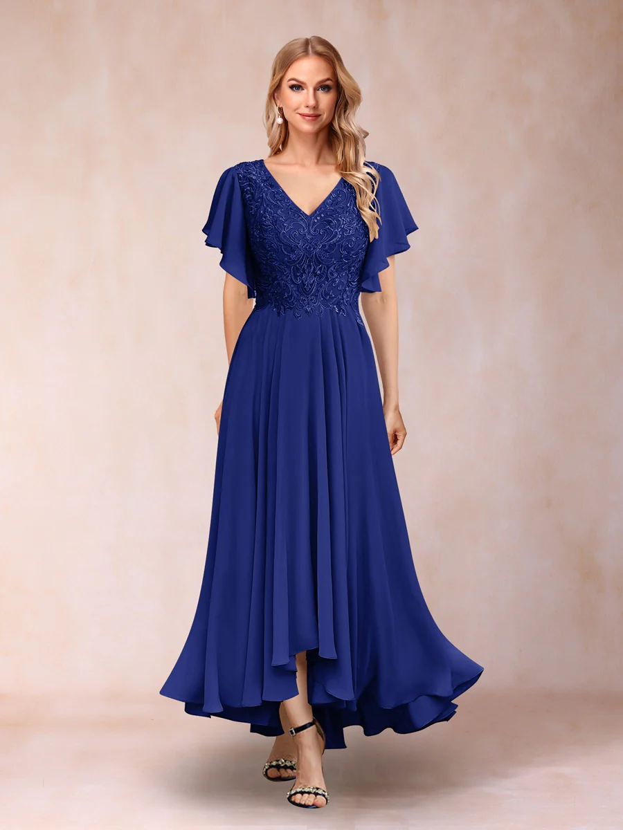A-Line/Princess V-Neck Short Sleeves Long Evening Dresses with Appliques - Image 52