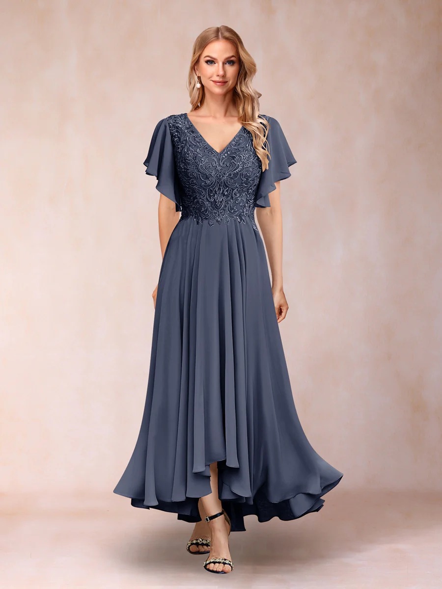 A-Line/Princess V-Neck Short Sleeves Long Evening Dresses with Appliques - Image 53
