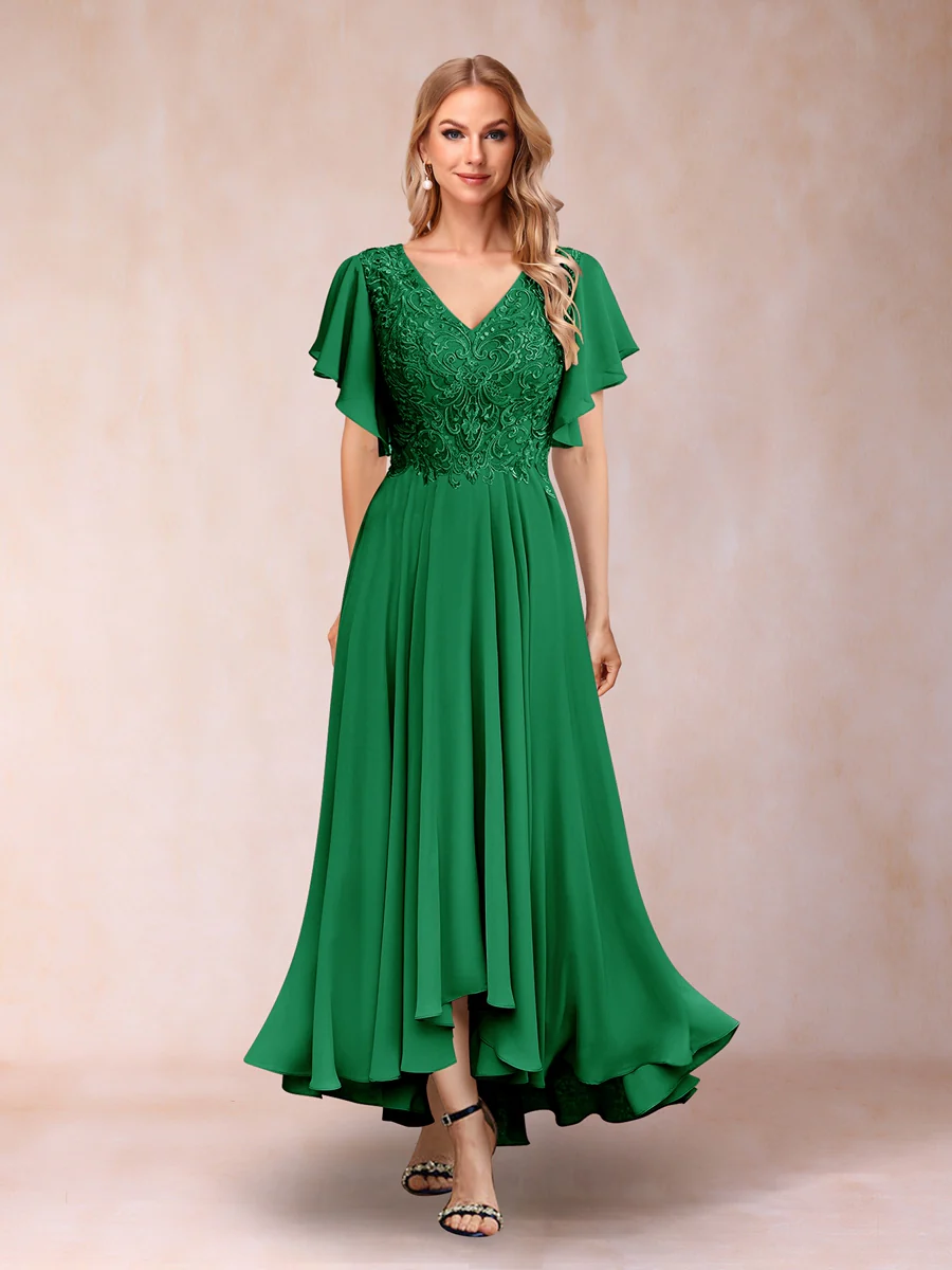 A-Line/Princess V-Neck Short Sleeves Long Evening Dresses with Appliques - Image 60