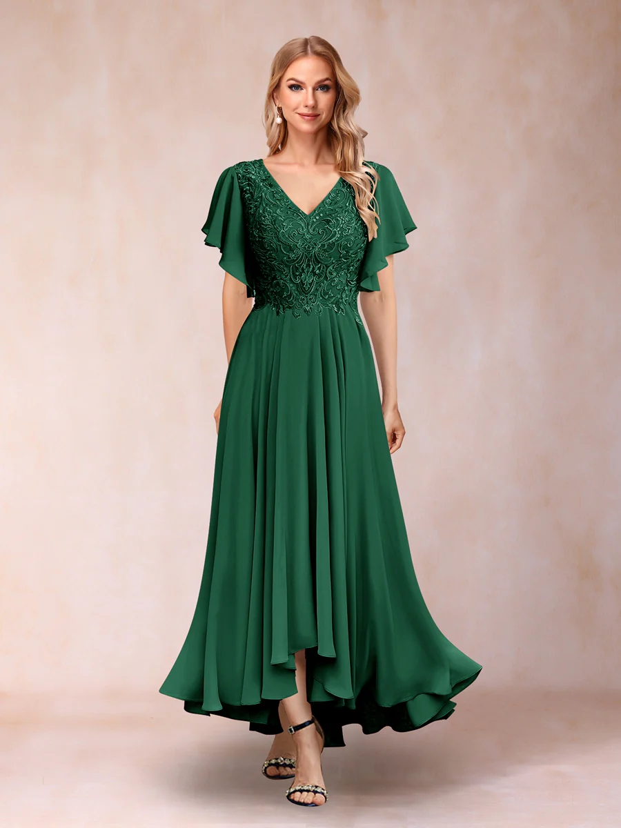 A-Line/Princess V-Neck Short Sleeves Long Evening Dresses with Appliques - Image 63