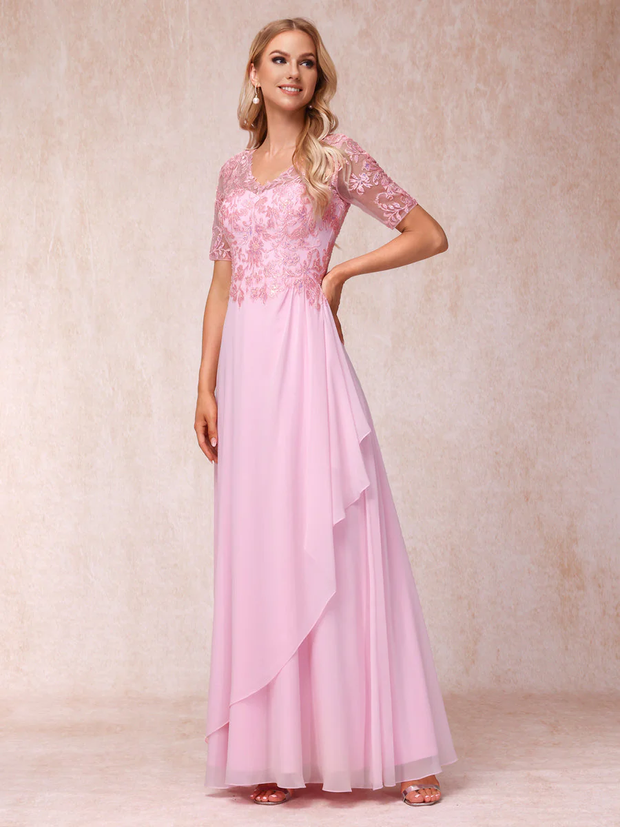 A-Line/Princess V-Neck Short Sleeves Long Formal Evening Dresses with Appliques - Image 6