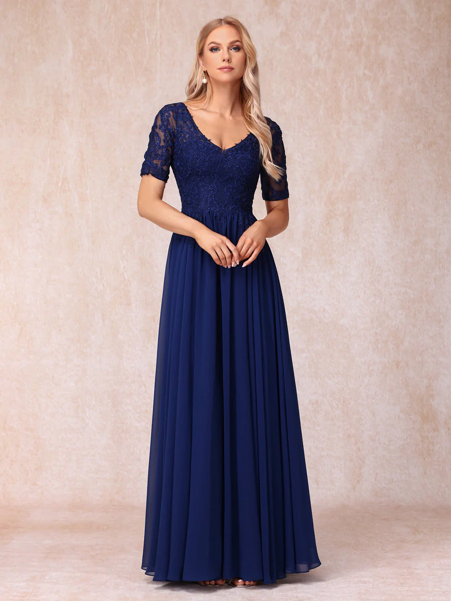 A-Line/Princess V-Neck Short Sleeves Long Formal Evening Dresses with Beading & Appliques - Image 3