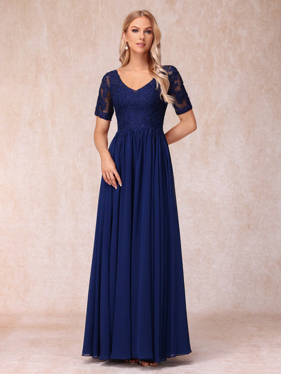A-Line/Princess V-Neck Short Sleeves Long Formal Evening Dresses with Beading & Appliques - Image 4