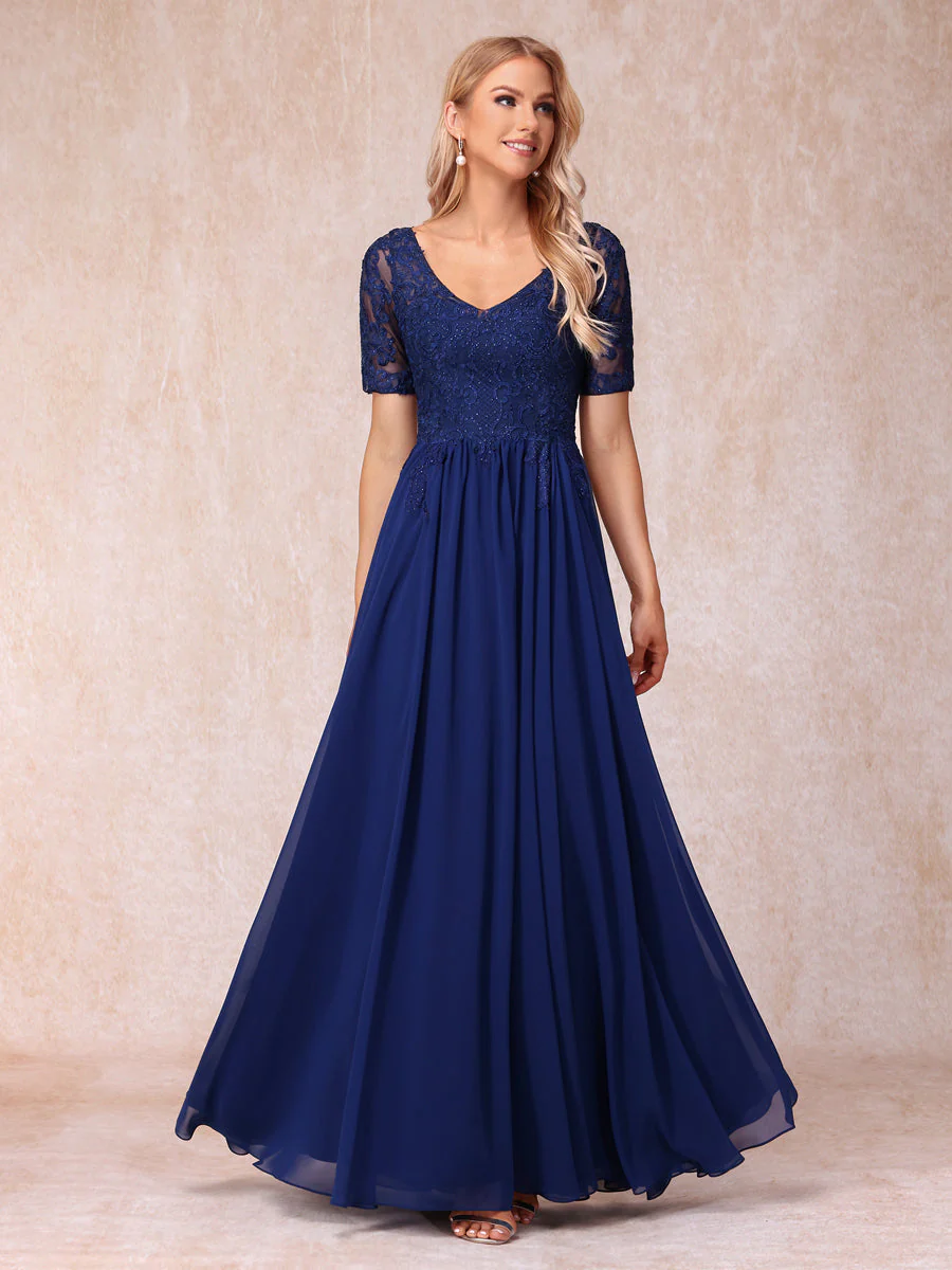 A-Line/Princess V-Neck Short Sleeves Long Formal Evening Dresses with Beading & Appliques - Image 5
