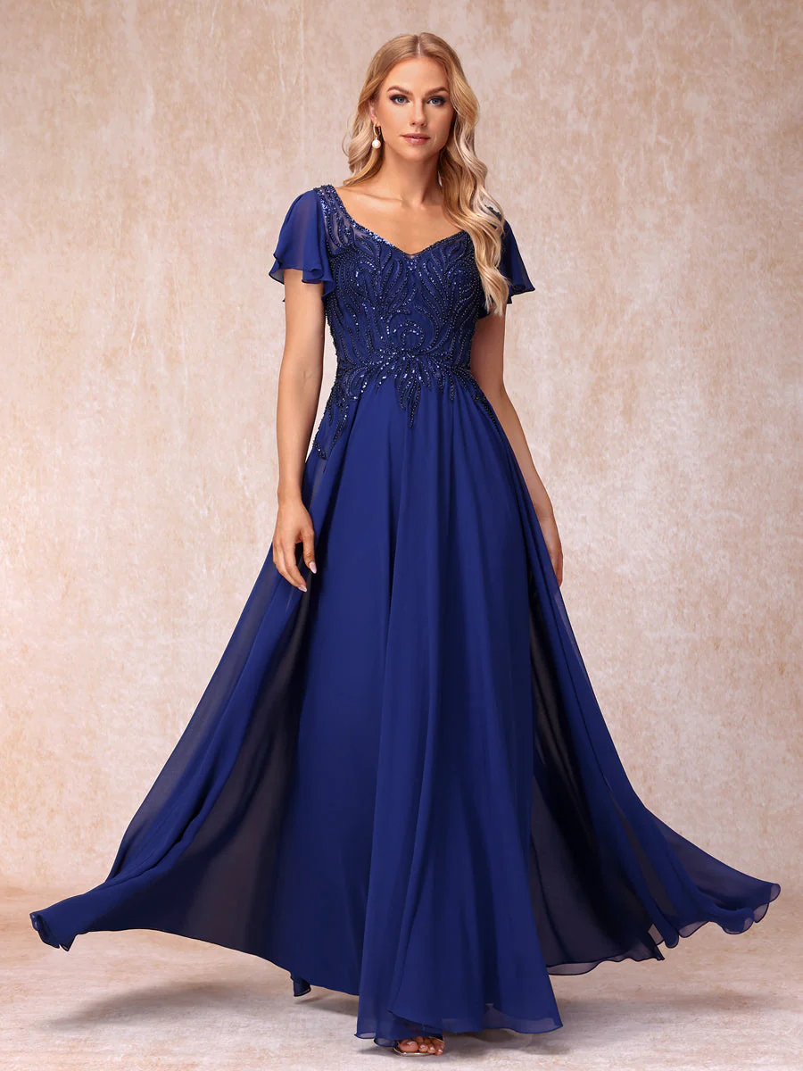 A-Line/Princess V-Neck Short Sleeves Long Formal Evening Dresses with Beading & Sequins - Image 4