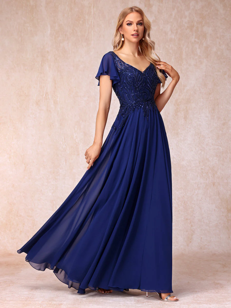 A-Line/Princess V-Neck Short Sleeves Long Formal Evening Dresses with Beading & Sequins - Image 5