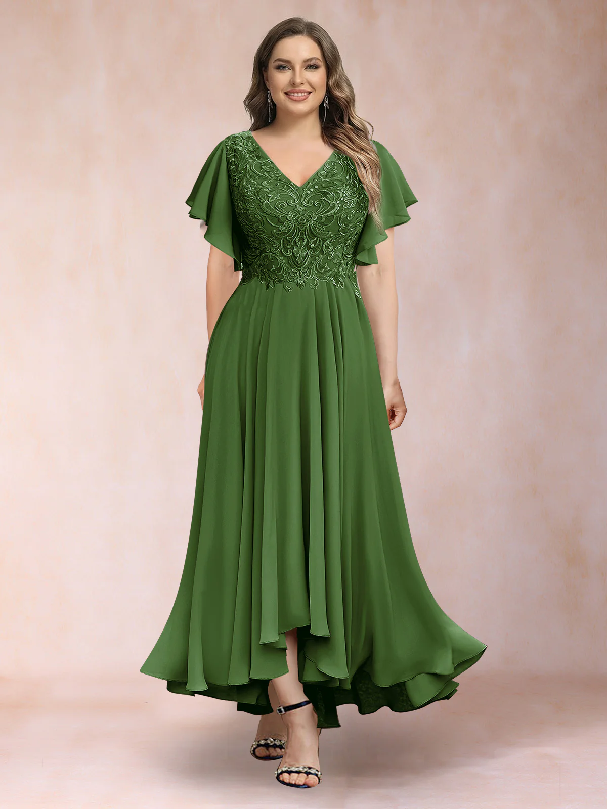 A-Line/Princess V-Neck Short Sleeves Long Plus Size Evening Dresses with Appliques - Image 48