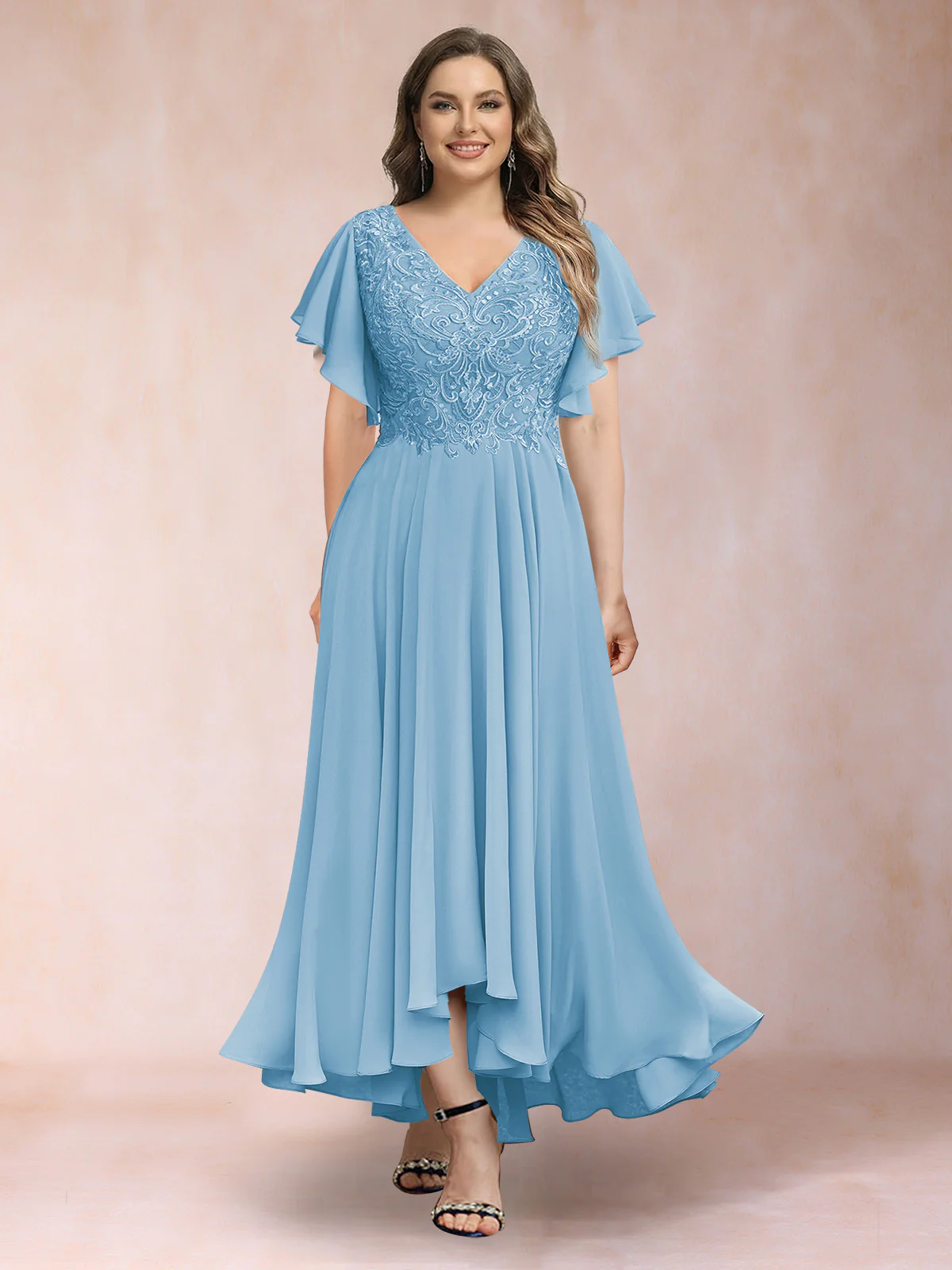 A-Line/Princess V-Neck Short Sleeves Long Plus Size Evening Dresses with Appliques - Image 52