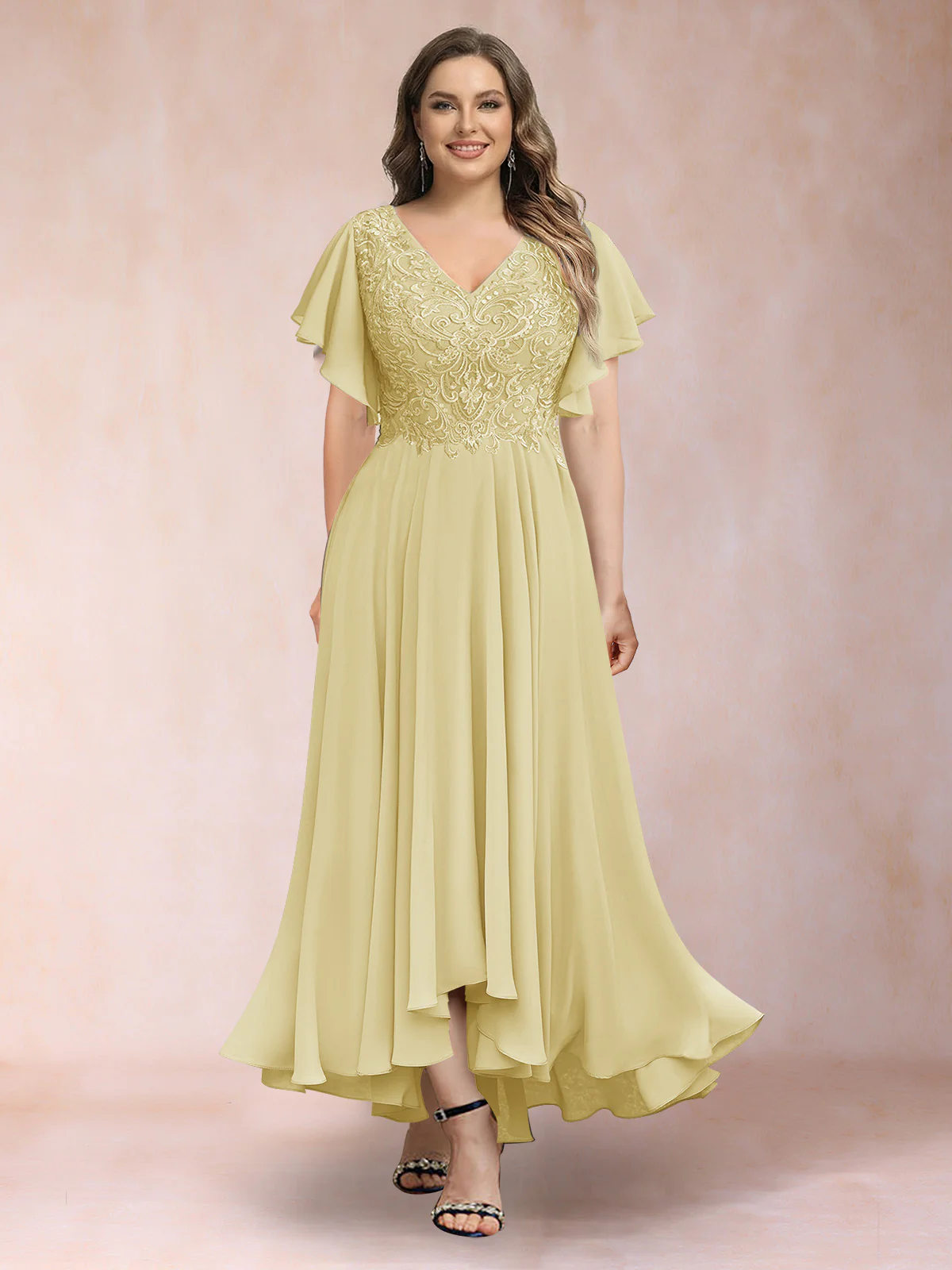 A-Line/Princess V-Neck Short Sleeves Long Plus Size Evening Dresses with Appliques - Image 53