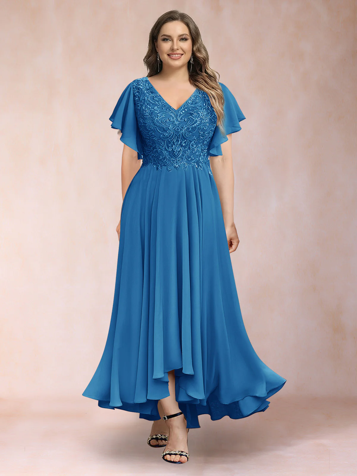 A-Line/Princess V-Neck Short Sleeves Long Plus Size Evening Dresses with Appliques - Image 66