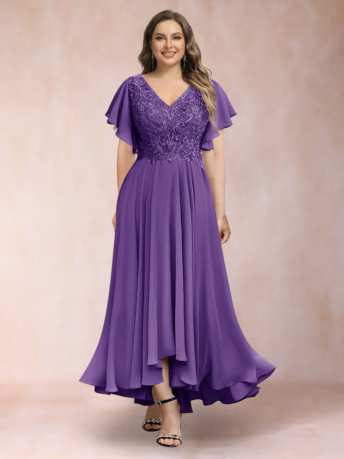 A-Line/Princess V-Neck Short Sleeves Long Plus Size Evening Dresses with Appliques - Image 69
