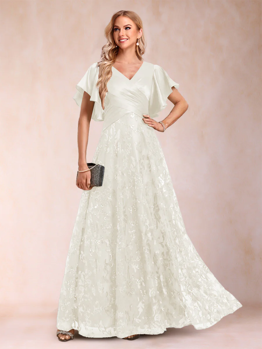 A-Line/Princess V-Neck Short Sleeves Mother of the Bride Dresses with Lace - Image 11