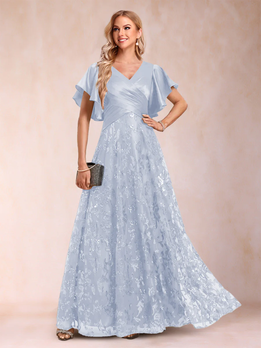 A-Line/Princess V-Neck Short Sleeves Mother of the Bride Dresses with Lace - Image 12