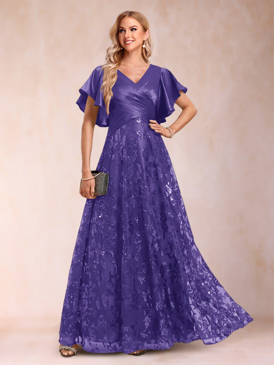 A-Line/Princess V-Neck Short Sleeves Mother of the Bride Dresses with Lace - Image 51