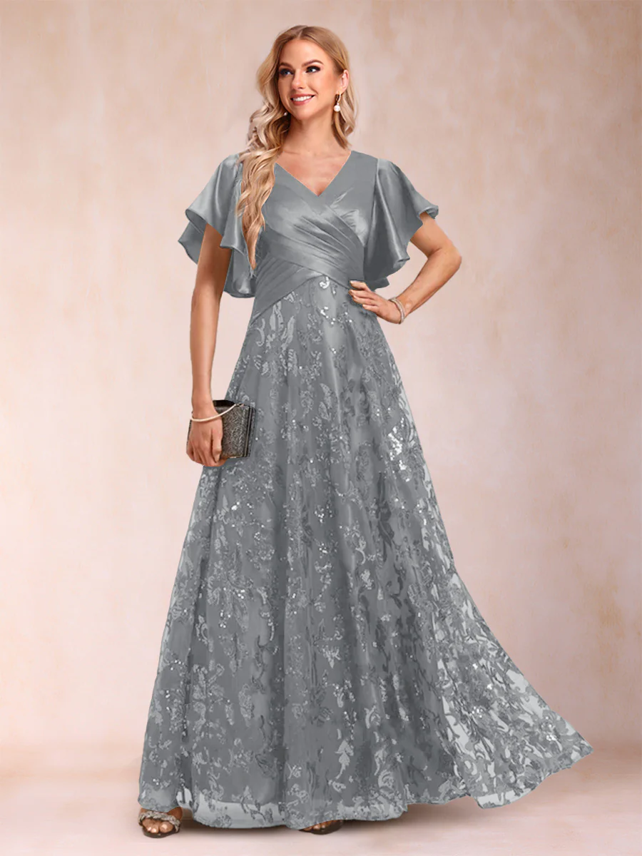 A-Line/Princess V-Neck Short Sleeves Mother of the Bride Dresses with Lace - Image 54