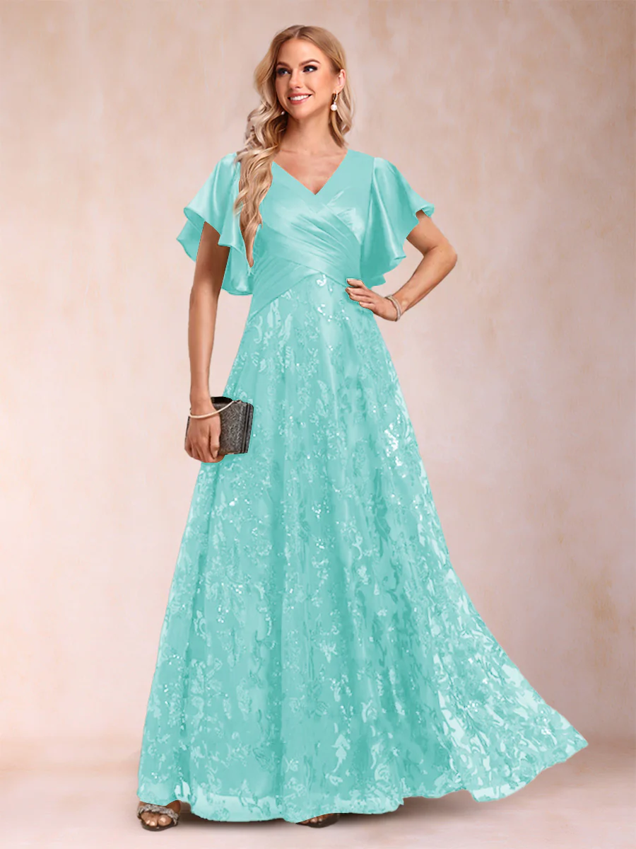 A-Line/Princess V-Neck Short Sleeves Mother of the Bride Dresses with Lace - Image 55