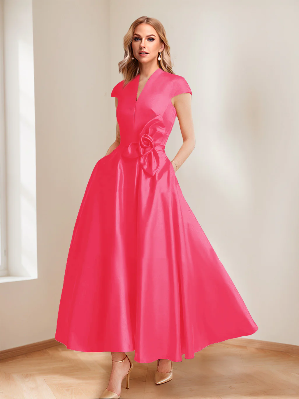 A-Line/Princess V-Neck Short Sleeves Mother of the Bride Dresses with Pockets & Flower - Image 21