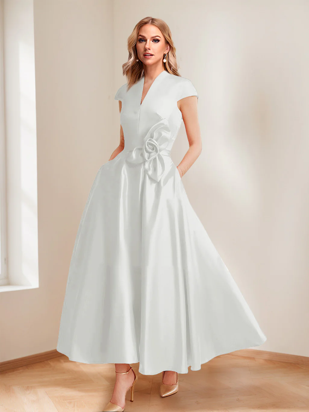 A-Line/Princess V-Neck Short Sleeves Mother of the Bride Dresses with Pockets & Flower - Image 27
